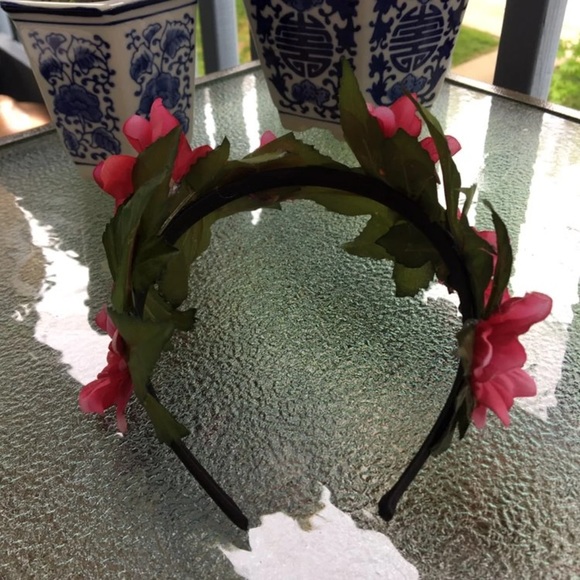 Pink Floral Headband with Forest Green Leaves - Picture 2 of 6